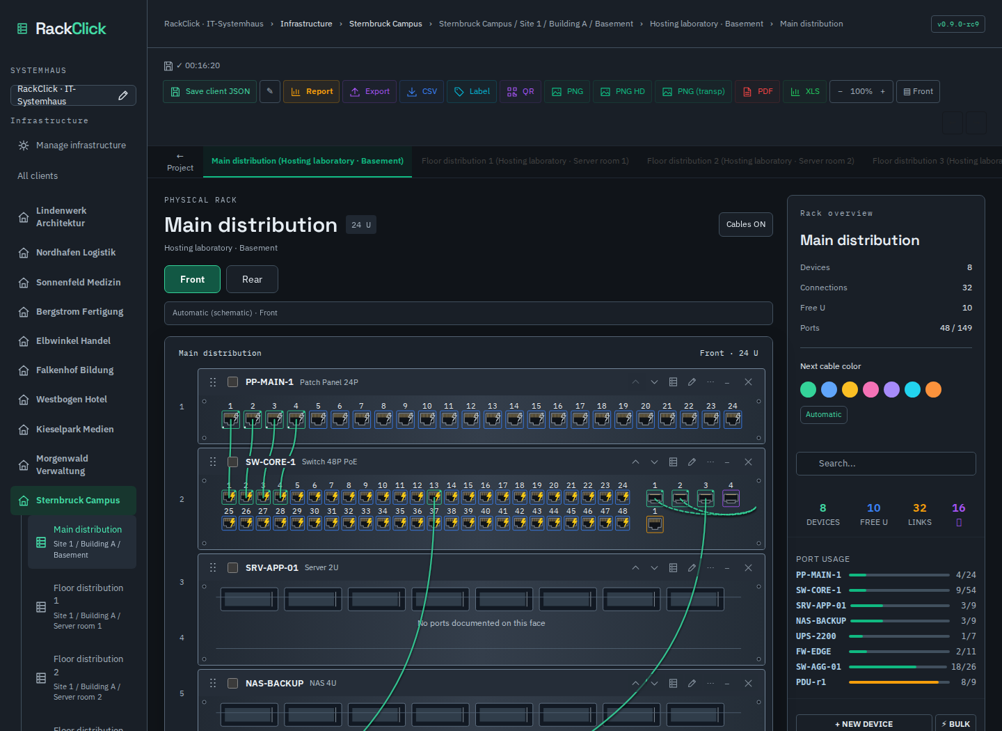 RackClick: the rack “Main distribution” with its devices, ports and cables