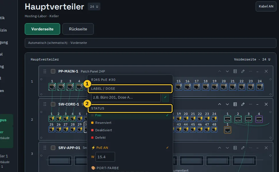 Portmenü: Label, Status, PoE und Farbe.