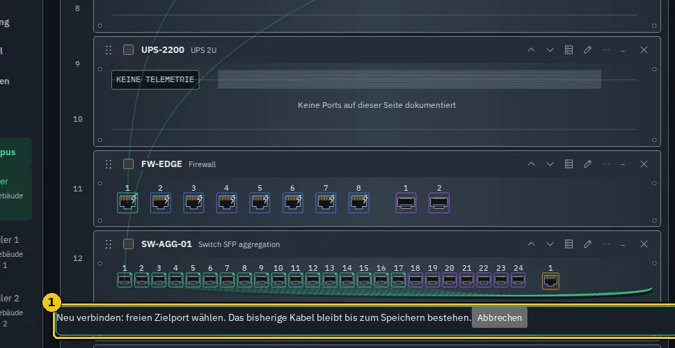 Neu verbinden: die untere Leiste zeigt, dass das bisherige Kabel bis zur Zielwahl bestehen bleibt.
