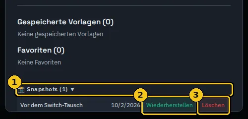 Snapshot-Liste in den Einstellungen.