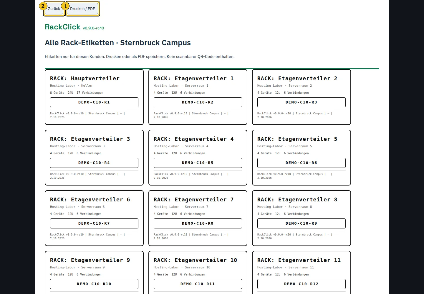 Alle Rack-Etiketten eines Kunden.