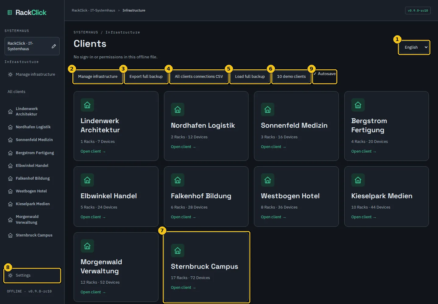 Start screen: Systemhaus, client list and global tools.