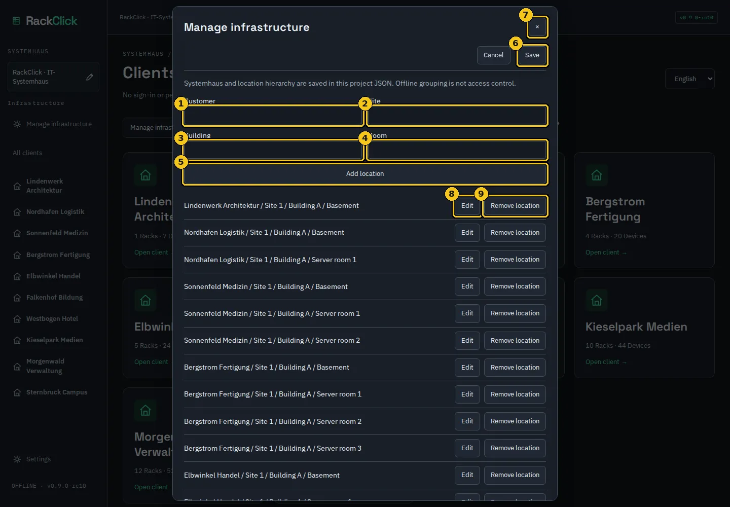 Manage infrastructure: customer, site, building and room; location list with Edit and Remove location.