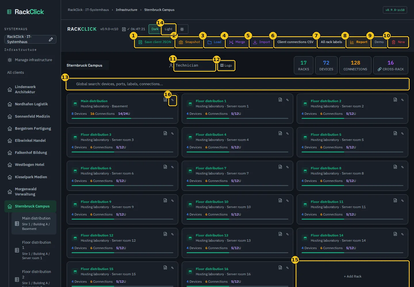 Client view: toolbar, technician and logo, counters, search and rack cards.