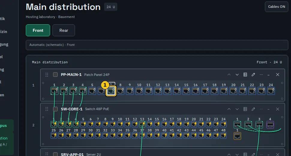 First click: port 7 of PP-MAIN-1 is selected as the source.