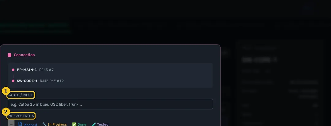 Connection dialog: note, patch status, colour, Disconnect and Close.