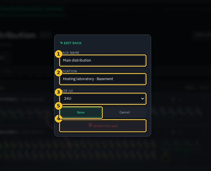 Edit rack: name, location, size and deletion.