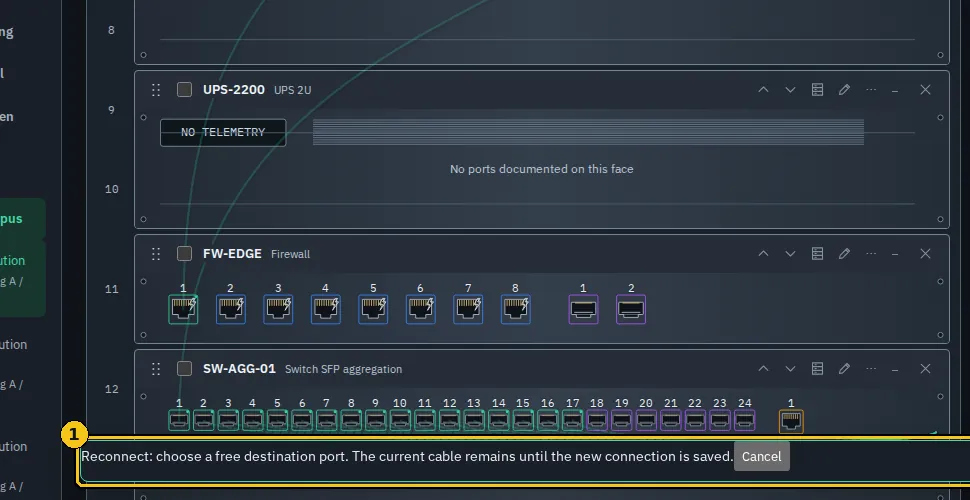 Reconnection in progress: the bottom bar states that the current cable is kept until a destination is chosen.
