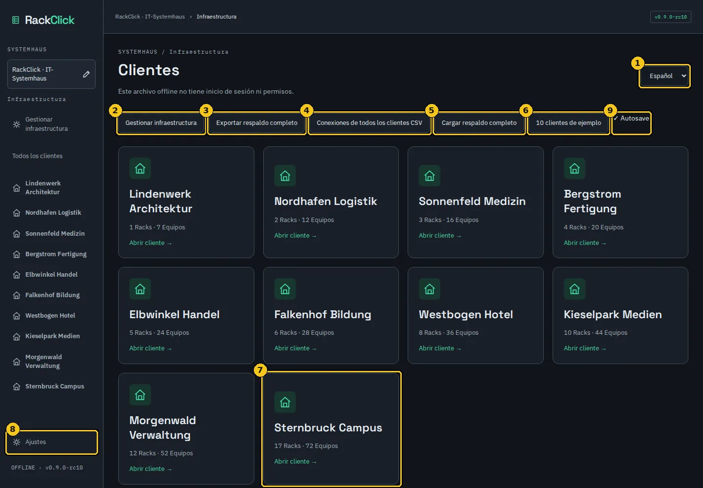 Pantalla inicial: Systemhaus, lista de clientes y herramientas globales.