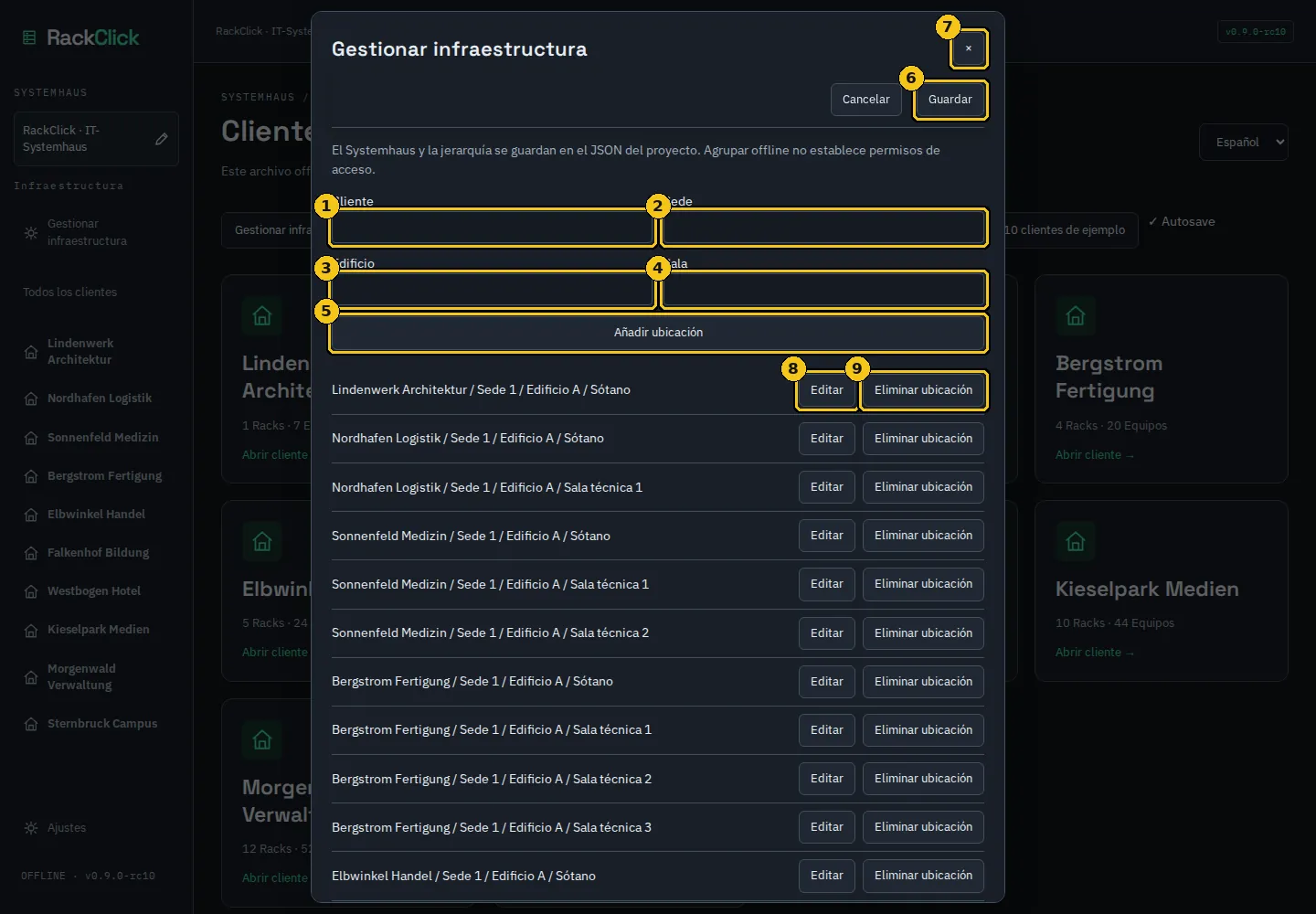 Gestionar infraestructura: cliente, sede, edificio y sala; lista de ubicaciones con Editar y Eliminar ubicación.
