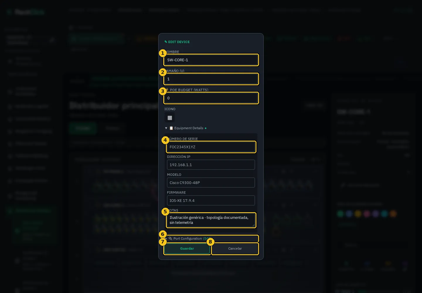 Editar equipo: datos generales, detalles y grupos de puertos.