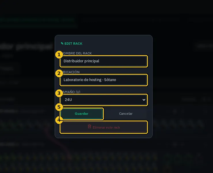Editar rack: nombre, ubicación, tamaño y eliminación.