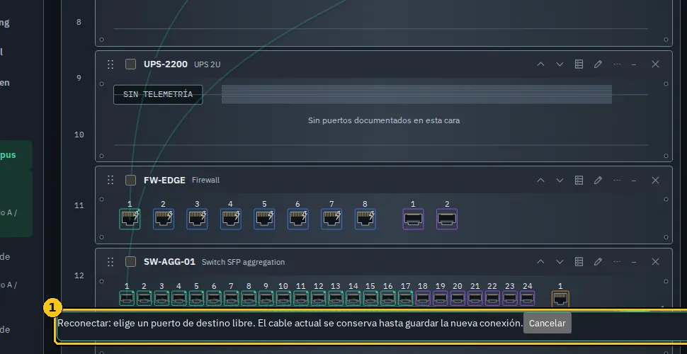 Reconexión en curso: la barra inferior indica que el cable actual se conserva hasta elegir el destino.
