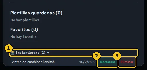Lista de instantáneas en Ajustes.