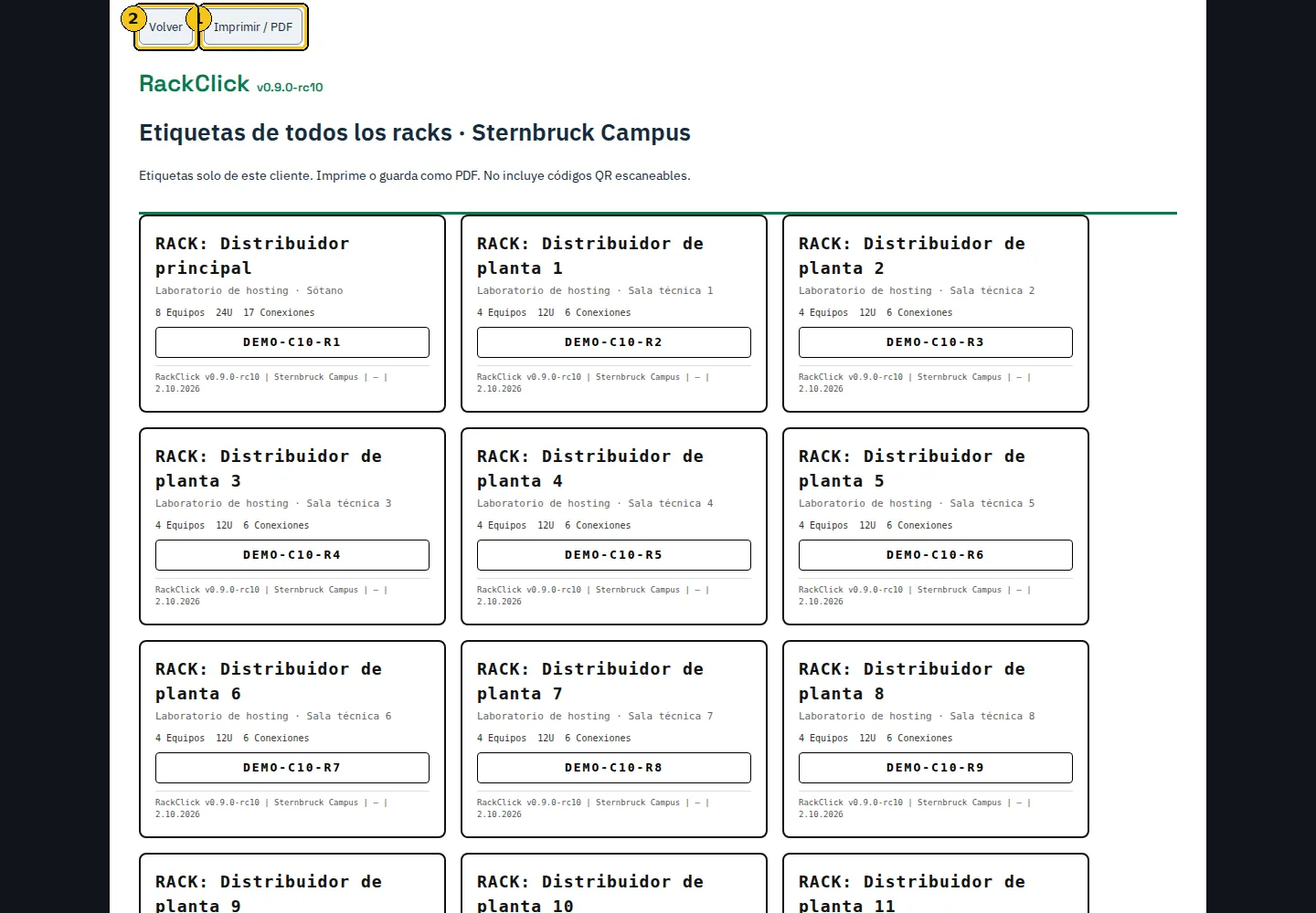 Etiquetas de todos los racks de un cliente.